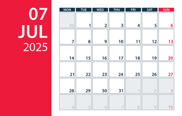 July 2025 Calendar Planner - vector illustration. Template. Mock up