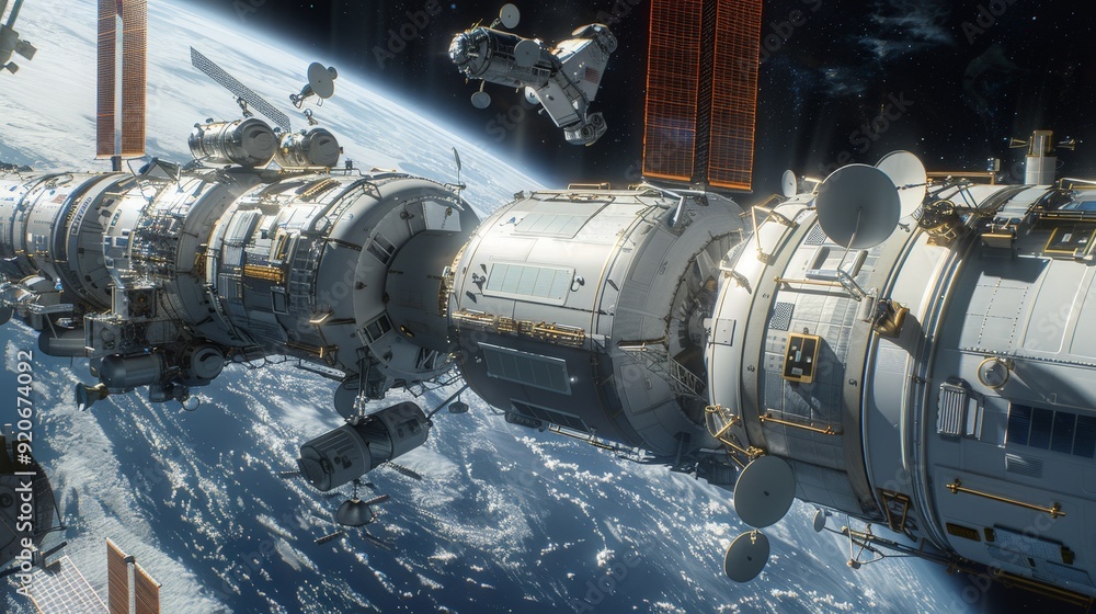 Poster in the boundless realm of space, astronauts are hard at work constructing a space station.