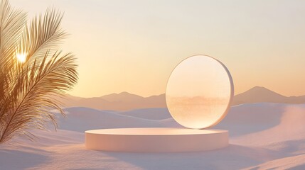 futuristic product advertisement podium in desert, a holographic floating podium with a subtle glow, placed against a completely blank and neutral background