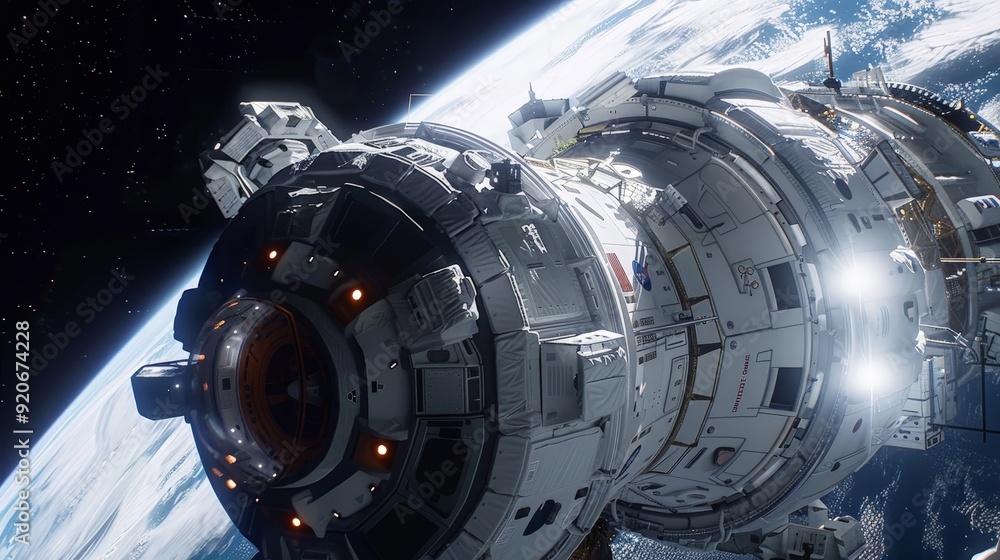 Poster in the silent realm of space, astronauts expertly build a space station. each task, from welding to 