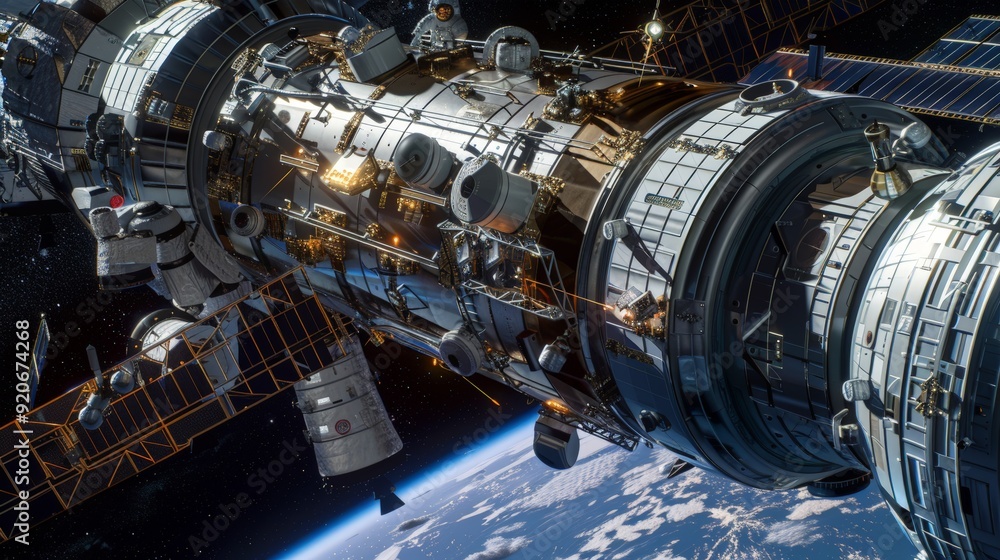 Poster in the silent realm of space, astronauts expertly build a space station. each task, from welding to 