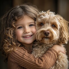 Joyful Girl Embracing Fluffy Dog in Sunny Outdoor Scene