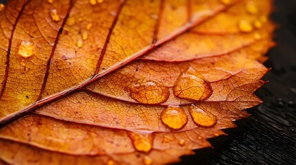 Closeup of Wet Autumn Leaves with Dew Droplets on Nature Background