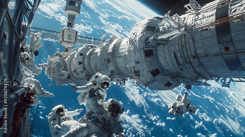 Poster in the zero-gravity environment of space, astronauts deftly maneuver around the emerging structure o