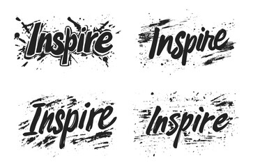 Handwritten Inspire lettering text designs with paint splashes vector illustration. Stylish black and white typography with brush strokes and ink splatters.