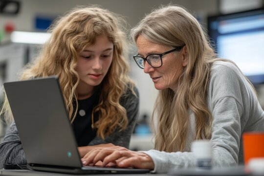 High school professor assists her students in e-learning on laptop in classroom, Generative AI
