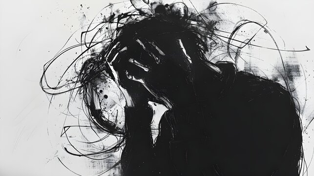 overthink overthinking overthinker person with scrabble ink draw holding his head, mental health illustration