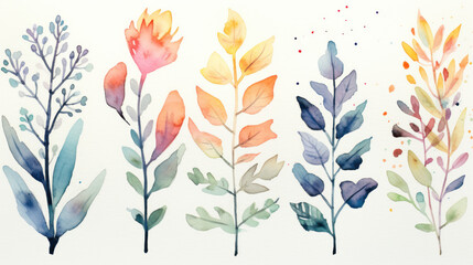 Watercolor painting of plant leaves. Calming and aesthetically. Botanical abstract background.