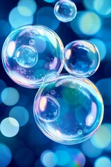 Colorful soap bubbles floating against a shimmering blue background, creating a magical and whimsical atmosphere of joy.