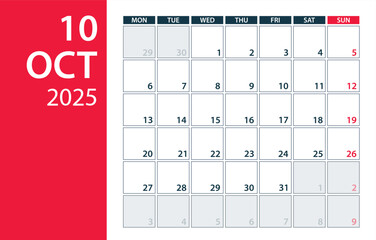 October 2025 Calendar Planner - vector illustration. Template. Mock up