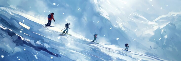 A group of skiers with backpacks ascending a snowy and windy mountain peak, with snow blowing around in a dynamic scene.