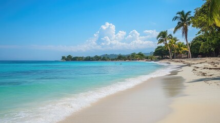 Fototapeta premium Idyllic Jamaican beach with turquoise waters, palm trees, and soft white sand. Tropical serenity.
