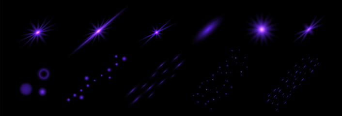 Magic light effect stars, cosmic dust, sparkles. Purple Sequins, Glare, Radiance, Light, Glitter. Set Violet Glowing bright shining effect vector isolated.