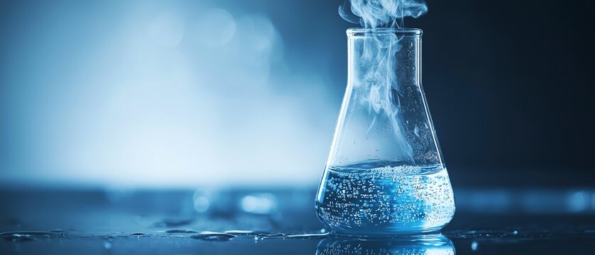 A scientific beaker filled with bubbling liquid, emitting steam against a dark blue background. Perfect for laboratory themes.