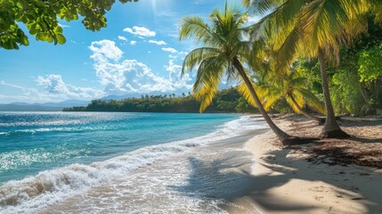 Obraz premium Lush palm trees sway on a pristine beach with turquoise waters in Jamaica. Sun-drenched paradise.