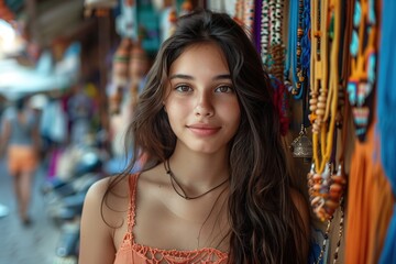 Fototapeta premium Portrait of a young woman smiling in a market with colorful trinkets behind her.