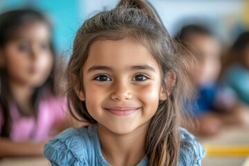 Fototapeta premium Happy Hispanic girl learning during class at elementary school and looking at camera, Generative AI