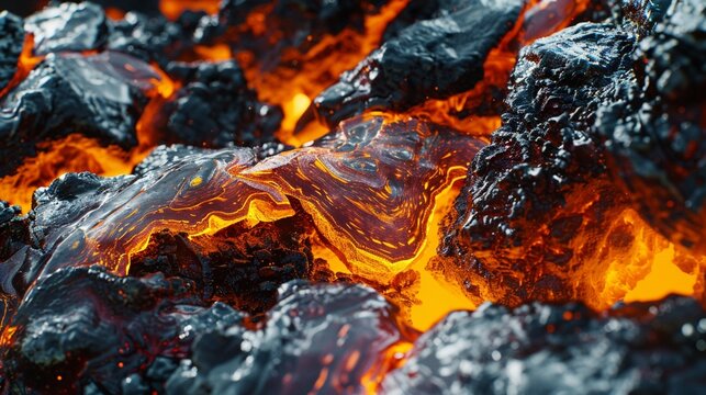 Extreme close-up shots of newly formed volcanic glass and crystals in the lava