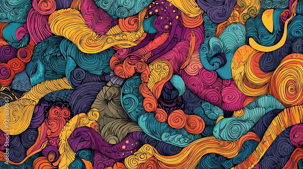 Poster Colorful swirls and patterns intertwine, showcasing an artistic blend of shapes and hues in an energetic display