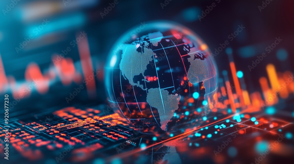 Poster digital representation of a globe with data visualizations and graphs glowing in vibrant colors