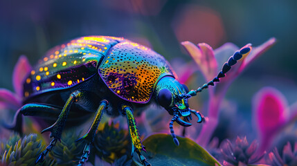 Fototapeta premium A colorful beetle is walking on a field of flowers. 