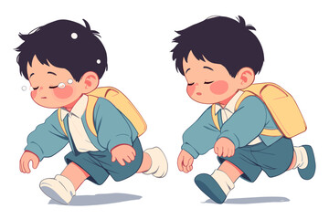 two children crying while sleeping and running in school uniforms with backpacks, flat vector design