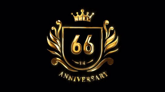 66th Anniversary Celebration. Happy 66 Years Anniversary Animation in Gold Color on the Transparent Background, Alpha Channel. Great for greetings, celebrations, events, and gifts.