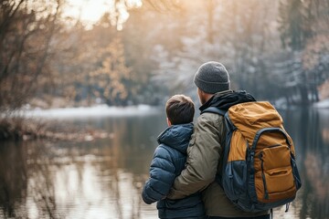 Rear view of athletic father and son talk while walking embraced by the lake, Generative AI