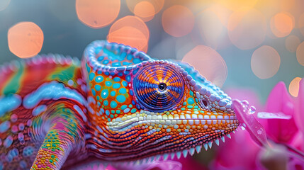 A colorful lizard with a bright green head and a blue body