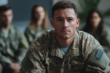 Fototapeta premium Depressed military man talks during group therapy meeting at mental health center, Generative AI
