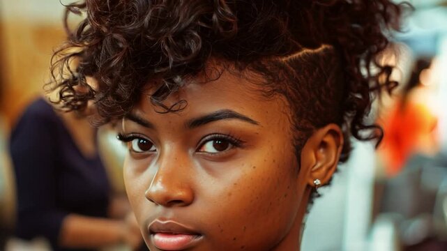 A woman getting a trendy pixie cut, emphasizing fashionable and modern hairstyles.