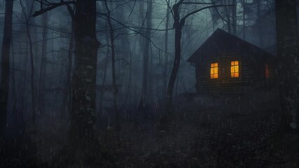 A mysterious cabin glows with warm light amidst dark, fog-covered trees as the atmosphere feels hauntingly enchanting, halloween mood