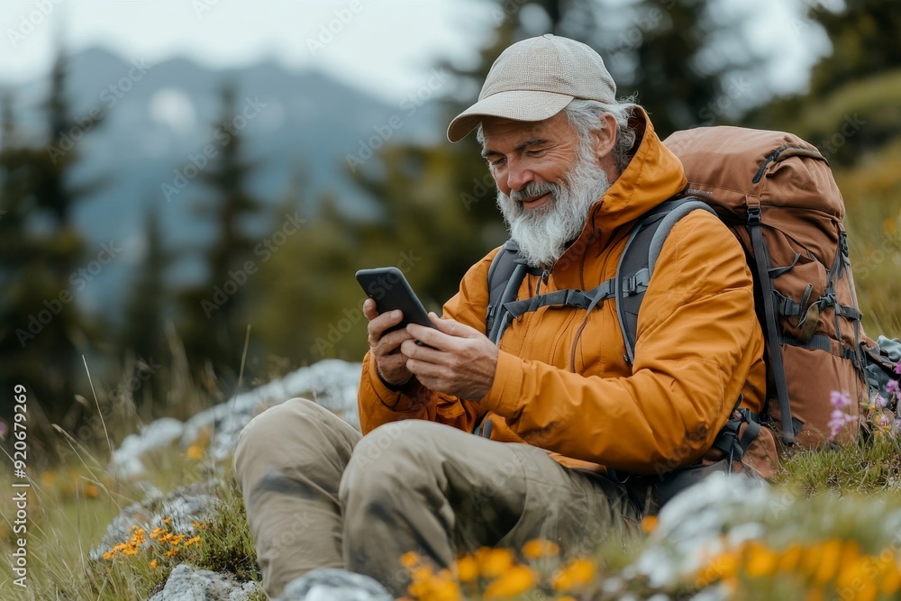 Wall mural happy hiker using cell phone while relaxing on hill, generative ai