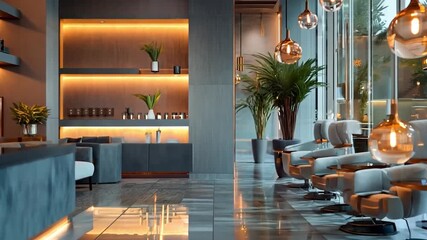A salon interior with bright lighting and stylish decor, emphasizing a chic and inviting atmosphere