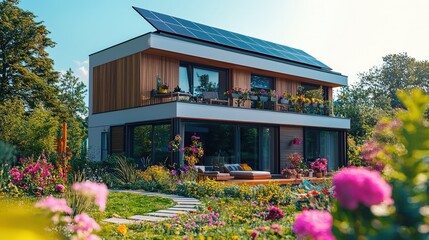 A modern house with solar panels is nestled among colorful flowers, showcasing a peaceful garden on a sunny afternoon