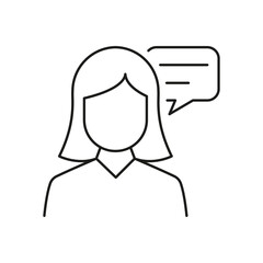Woman Line Icon with Speech Bubble, Consultation or Discussion, Customer Support and Communication Outline Icon. Isolated Vector Illustration