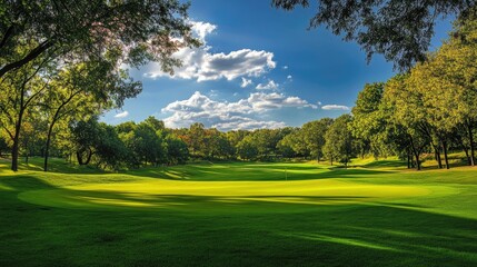 Naklejka premium Panoramic landscape of a golf course, featuring lush greens and a bright sunny day.