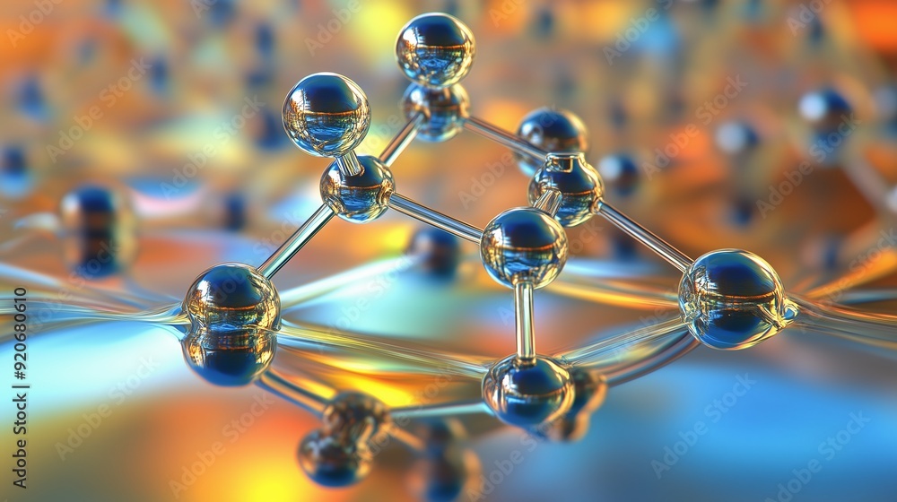 Poster abstract molecular structure with reflective spheres on a colorful background