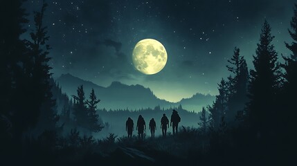 Naklejka premium Silhouettes of Hikers Under a Full Moon