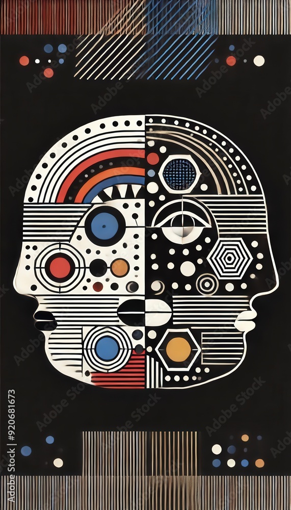 Poster Two human profiles blend into an array of geometric patterns and colors, creating a striking visual contrast against a dark backdrop