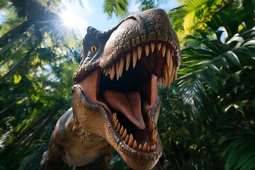 Fototapeta premium Fierce T-Rex in dense jungle, mouth open showing sharp teeth under sunlight. Prehistoric and powerful dinosaur in its natural habitat.