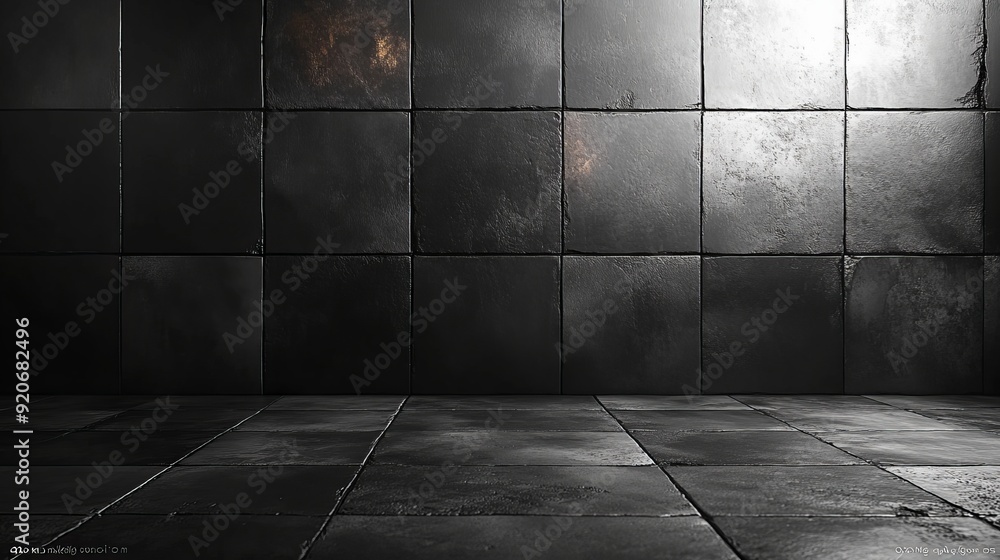 Poster A black and white photo of a room with a wall of tiles