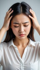 Fototapeta premium Beautiful young Asian woman with closed eyes, touching her forehead and suffering from a headache or migraine, looking sad and unhappy