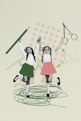 Vertical photo collage of two happy schoolgirls hold hands pencil scissors supplies education study...