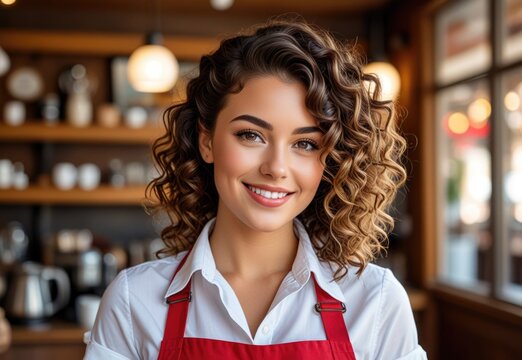 Beautiful young waitress with curly hair, smiling and wearing a white shirt and red apron, with a blurred vintage wooden café in the background