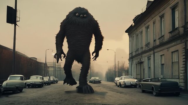 Giant, dark, furry alien monster with three eyes walking slowly down an old street in the evening. Cinematic sci-fi horror footage. 