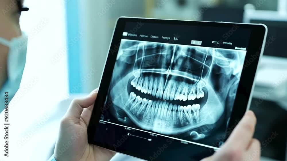 Poster ai software on a tablet analyzing dental x-rays, showcasing its versatility and integration in vario