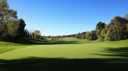 Obraz premium Scenic view of a golf course, with green fairways and a clear blue sky above.
