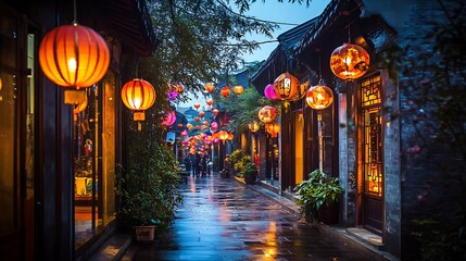 Obraz premium Illuminated Alleyway in a Chinese Town