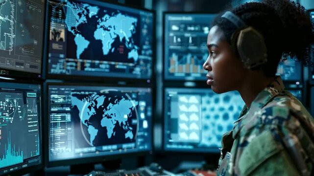 An African American black female military soldier engages with an AI-powered command center
